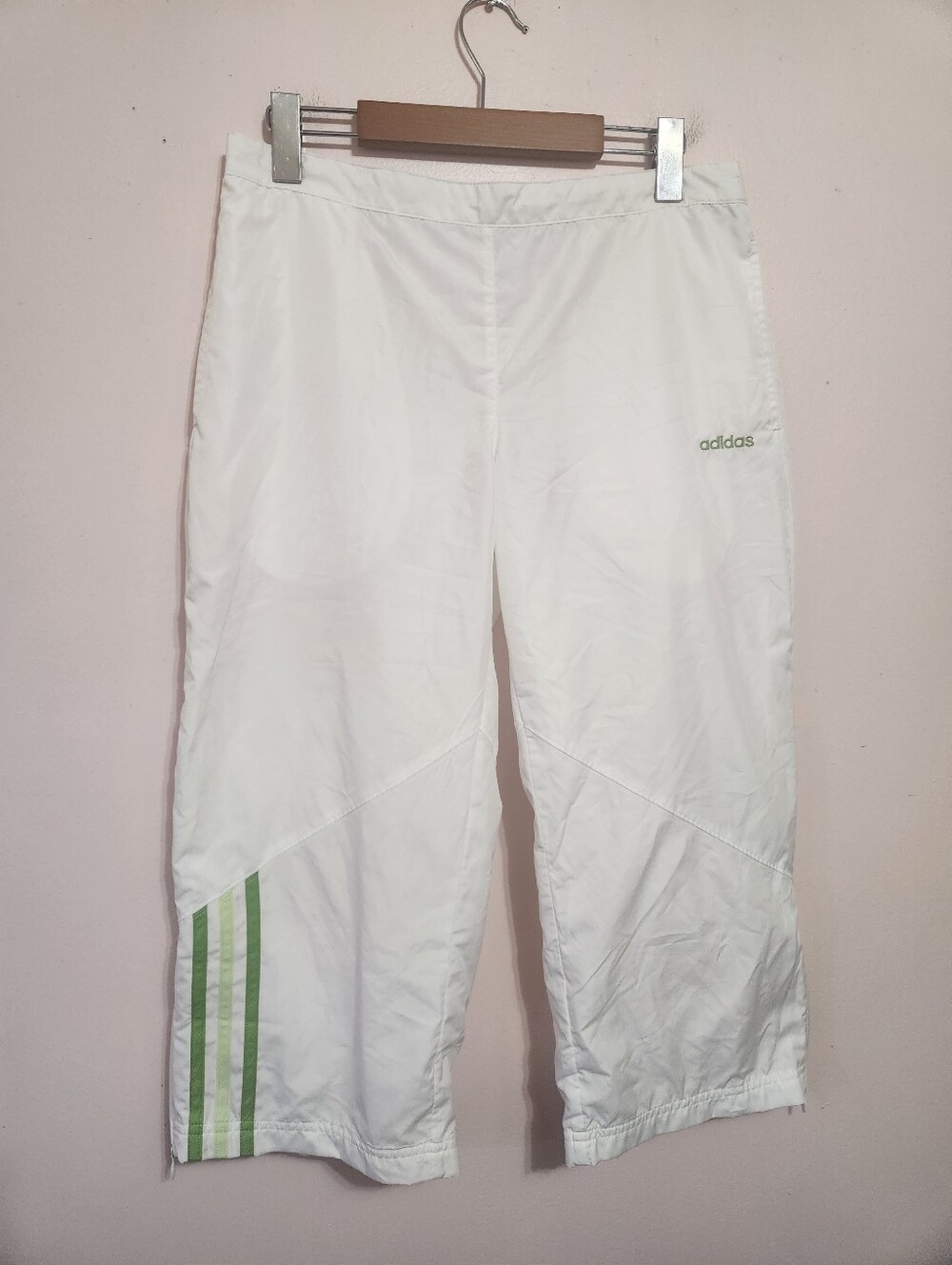 Vintage Y2K Adidas White Green Striped Mesh Lined Windbreaker Track Capri Pants